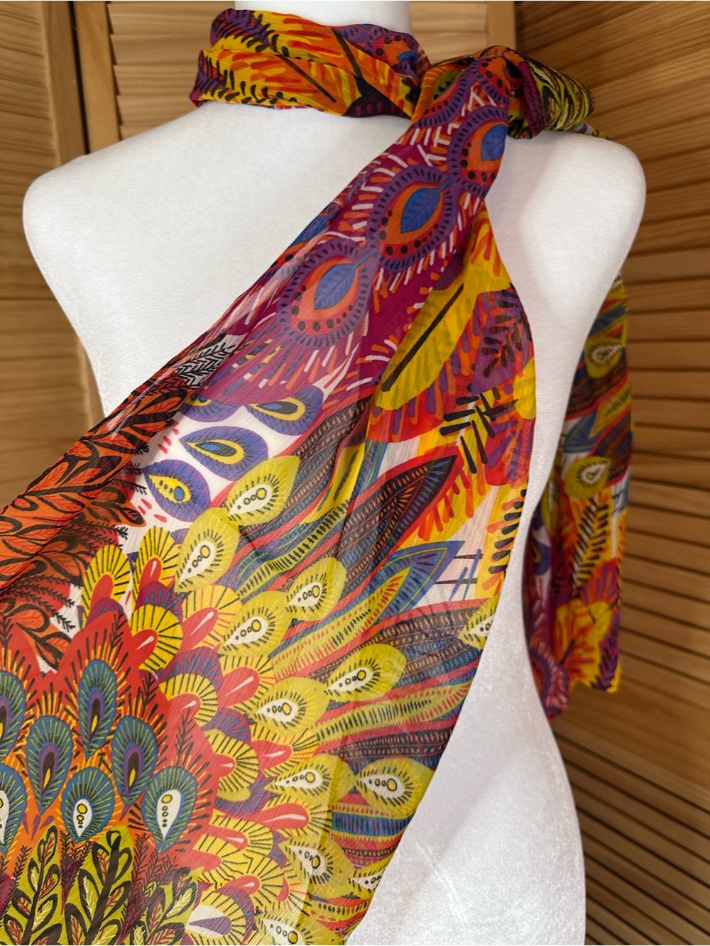 Chico's Multicolor Feather & Peony Print Scarf in Yellow, Red, Blue, Purple